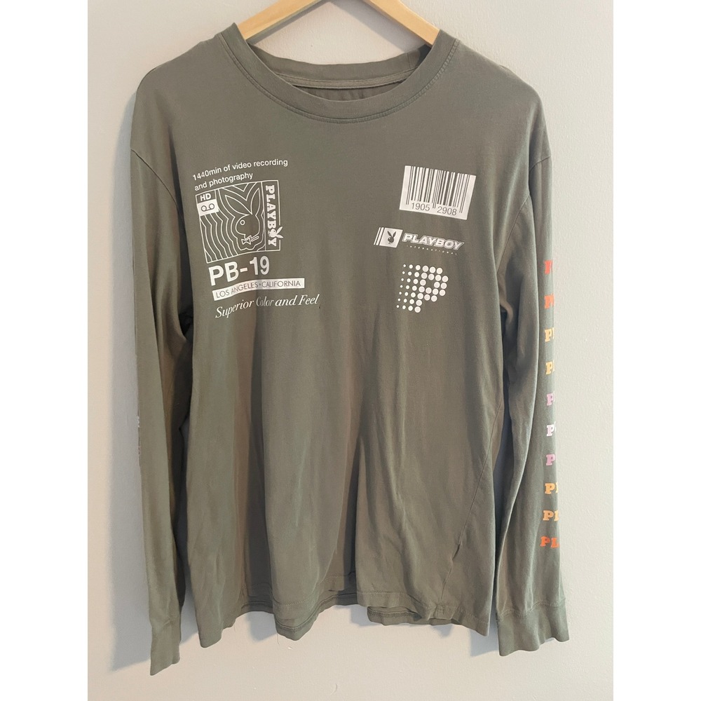 Playboy by PacSun Mens Olive Green Long Sleeve Graphic T-Shirt Size M PB-19